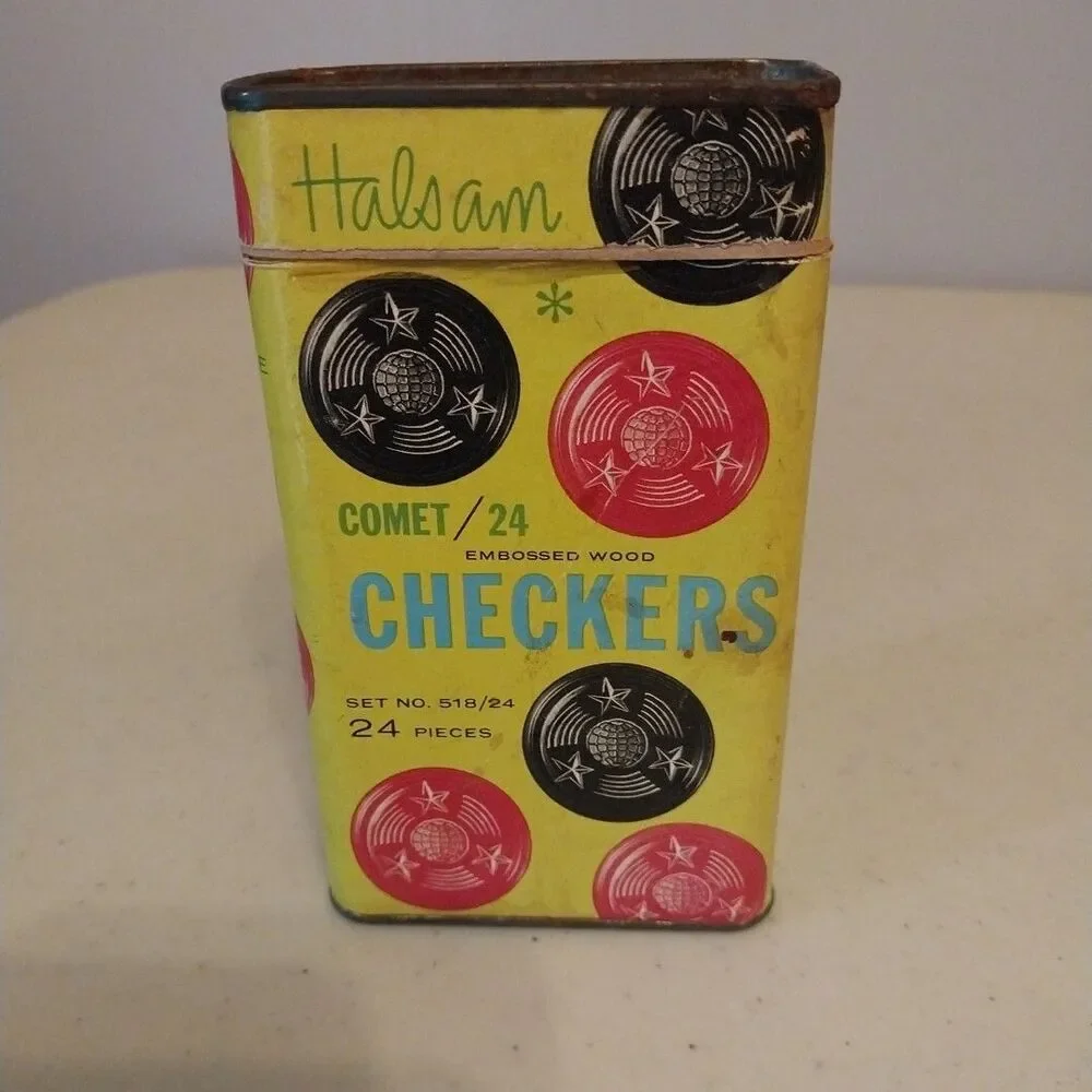 Vintage Halsam Comet 24 Embossed Wood Checkers Tin Box No. 518/24 Chicago USA